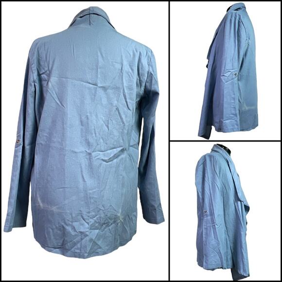 Chambray Waterfall Cardigan XL Blue Asymmetrical Open Front Roll Tab Sweater XL - Picture 2 of 13
